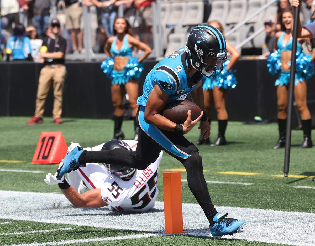 Carolina Panthers quarterback Bryce Young crosses the goal line for a touchdown during the first half against the Atlanta Falcons on at Bank of America Stadium in Charlotte on Sunday, Sept. 21, 2025