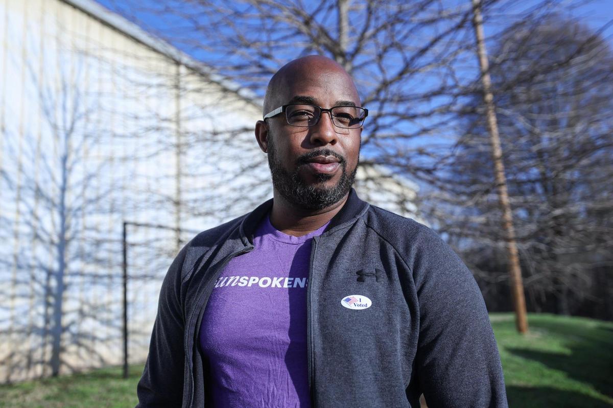 Chris Rey wears an “I Voted” sticker after casting his ballot at Mallard Creek Presbyterian Church during the primary election in Charlotte, NC on Tuesday, March 5, 2024.