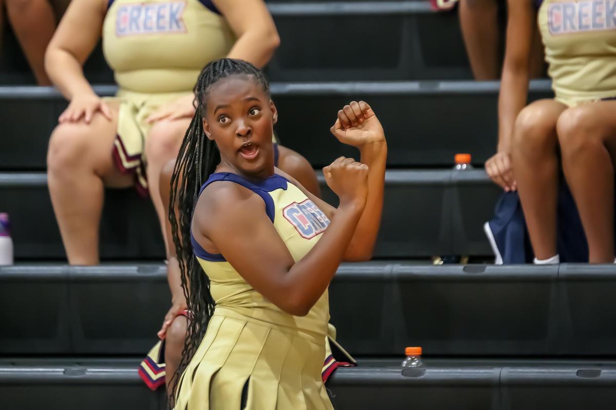 Mallard Creek cheerleaders perform a cheer in the stands during the second quarter at West Charlotte high school in Charlotte, N.C. on December 17th, 2024.