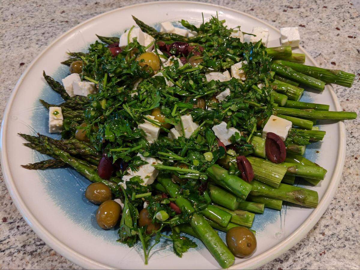 Charred asparagus with green garlic chimichurri sauce made by Takeshi Q. Kovacs.
