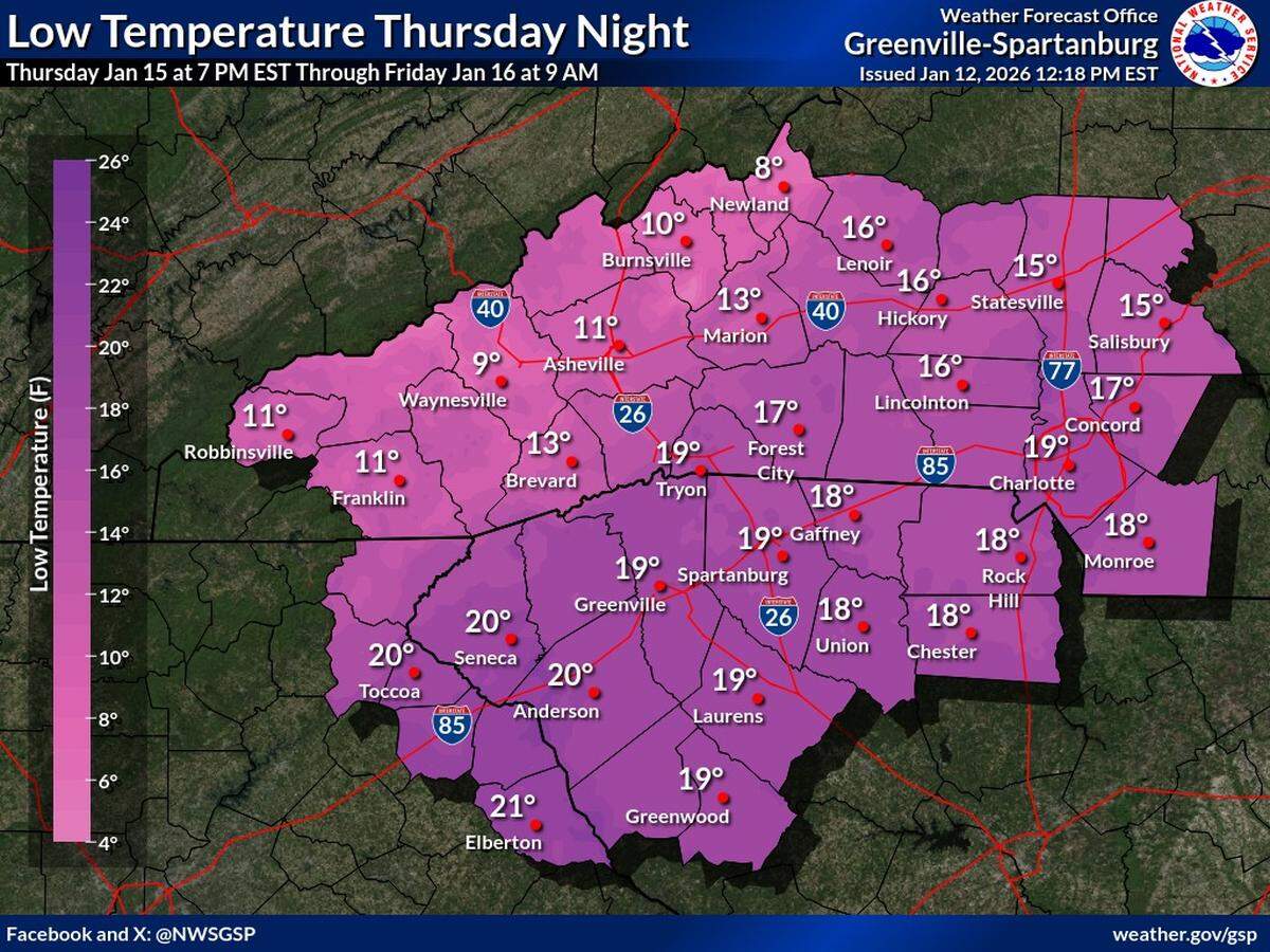 The low Thursday night for Charlotte will be 19 degrees and the wind chill will be 13, the NWS says