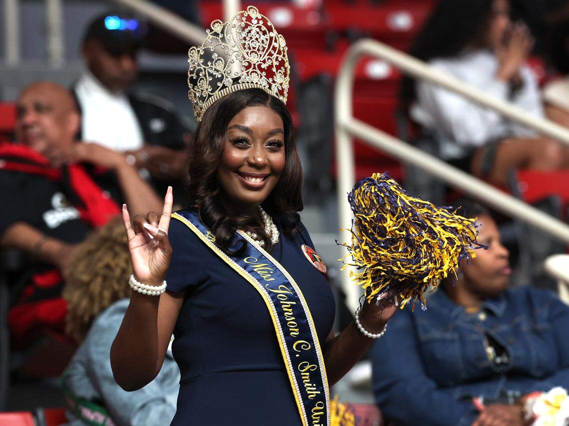 Miss Johnson C. Smith University Jessica McDonald is in attendance at the women’s JCSU vs Livingstone College game at Bojangles Coliseum in Charlotte, NC on Thursday, March 20, 2025. JCSU faced Livingstone College during first day action of the Black College Invitational Championship (BCIC). McDonald is a senior majoring in psychology.