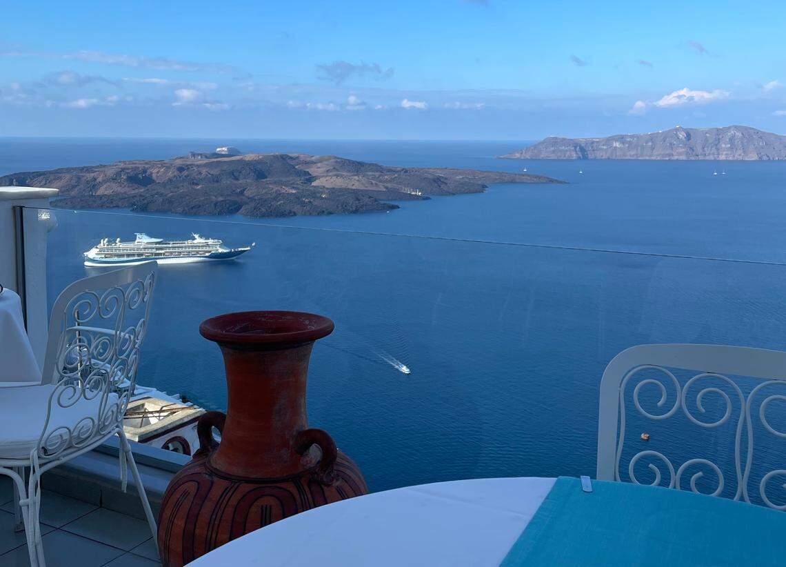 A morning view of the Santorini caldera.