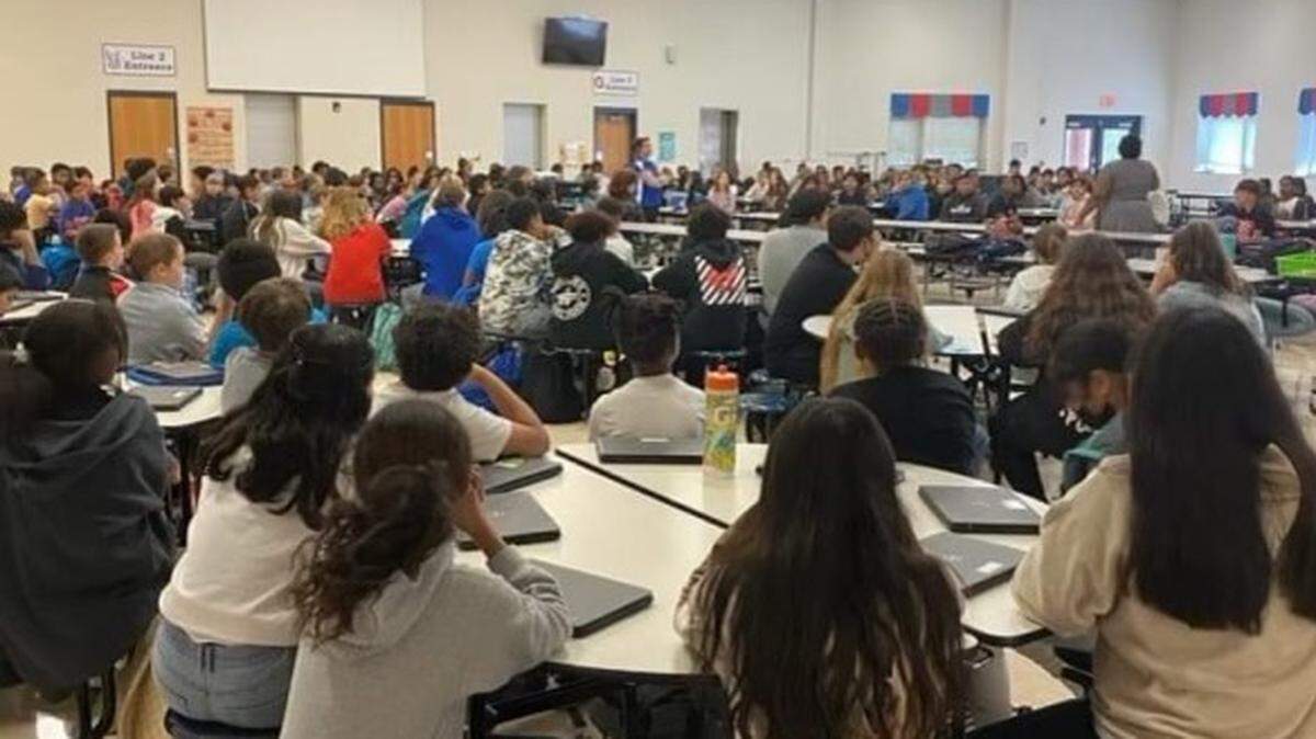 Sixth-graders at C.C. Griffin STEM Middle School received instruction as a group in the cafeteria Wednesday because of higher-than-normal teacher and substitute absences, the district says.