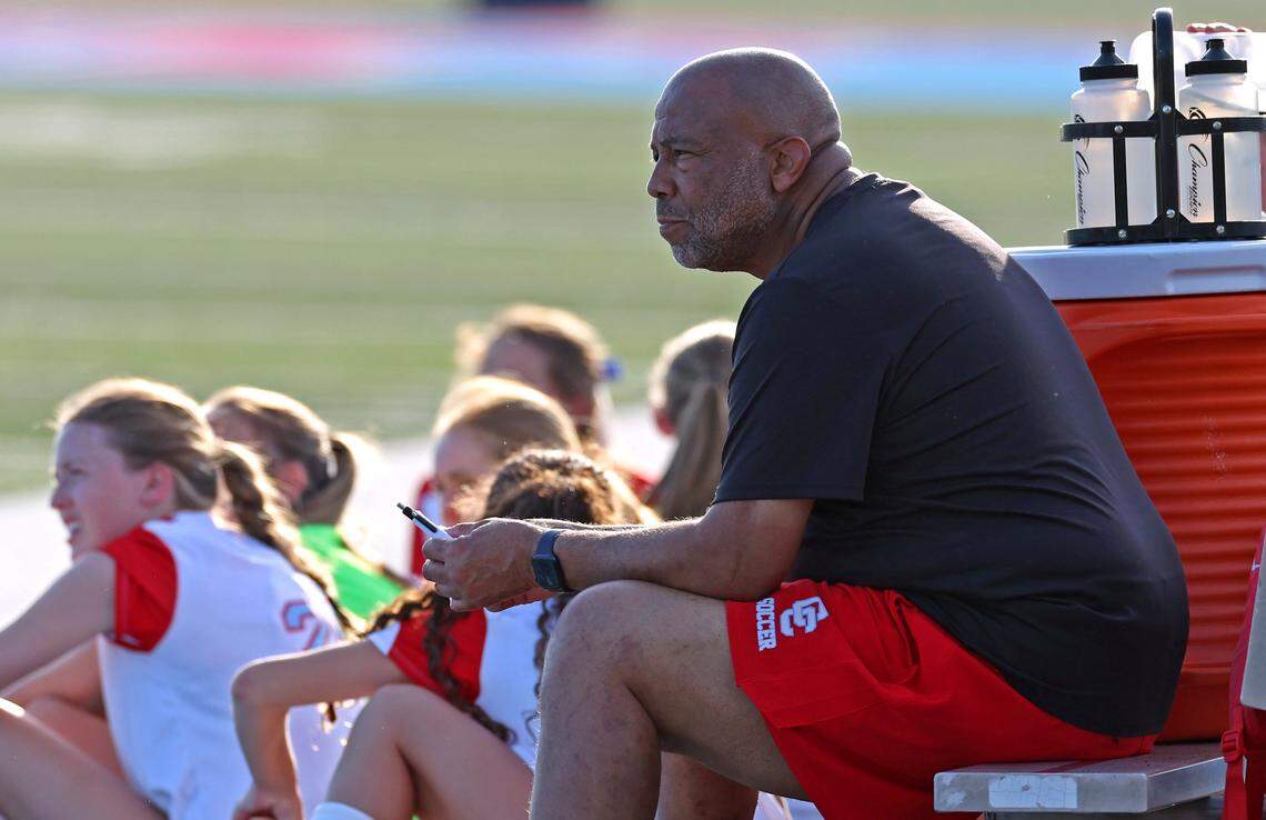 Charlotte Catholic coach Gary Hoilett watches his team play Piedmont on April 15, 2026. 