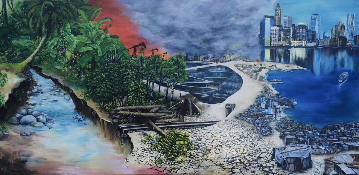 This is “The Condition of Latin America” by Irisol Gonzalez. She said it depicts the exploitation of Latin America by imperialist nations in history and today.