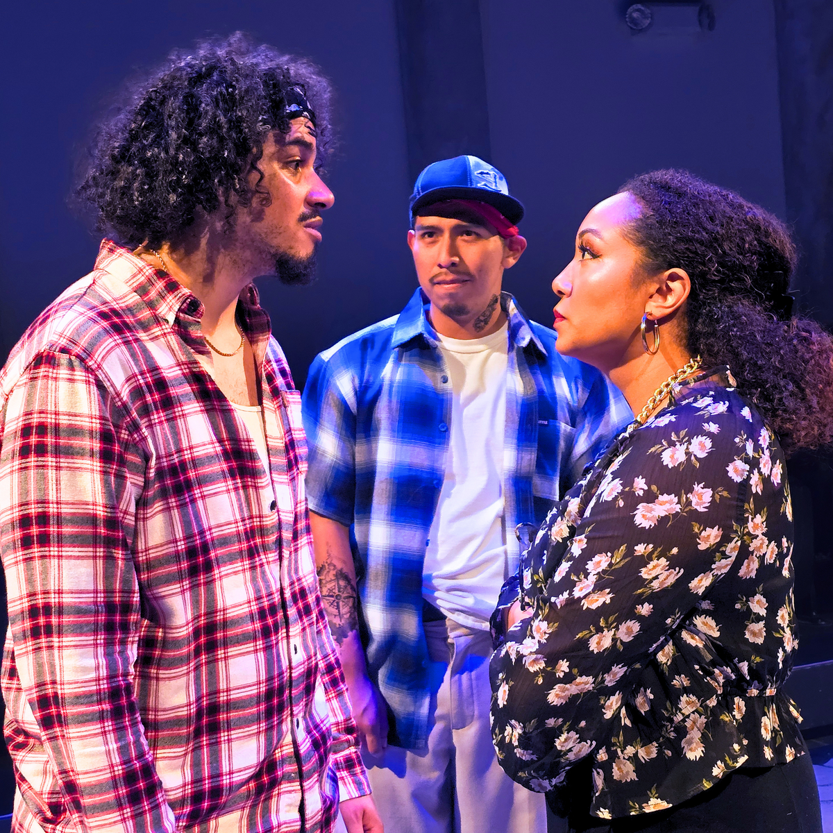 From left: Oedipus (Kelvin Jones-Fernandez), Creon (Eduardo Sanchez) and Jocasta (Stacy Fernandez) in Three Bone Theatre’s production of ‘Oedipus El Rey’ by Luis Alfaro.