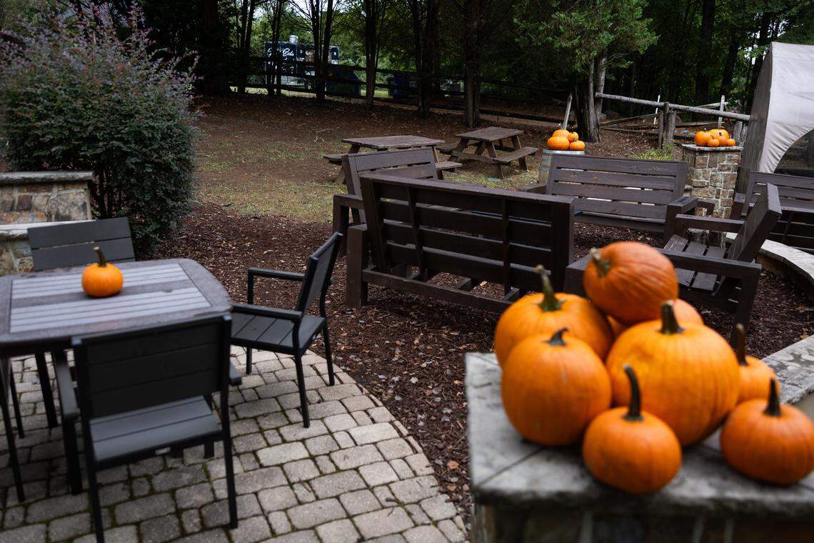 The outdoor seating at Oaklore Distilling Co. in Matthews, N.C., on Tuesday, September 30, 2025.