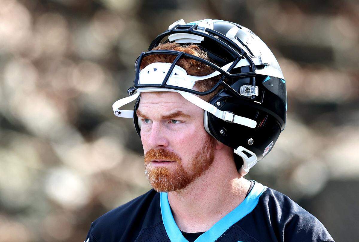 Carolina Panthers quarterback Andy Dalton walks to practice on Monday, November 18, 2024. Dalton is a free agent and would like to return to the Panthers to back up Bryce Young.