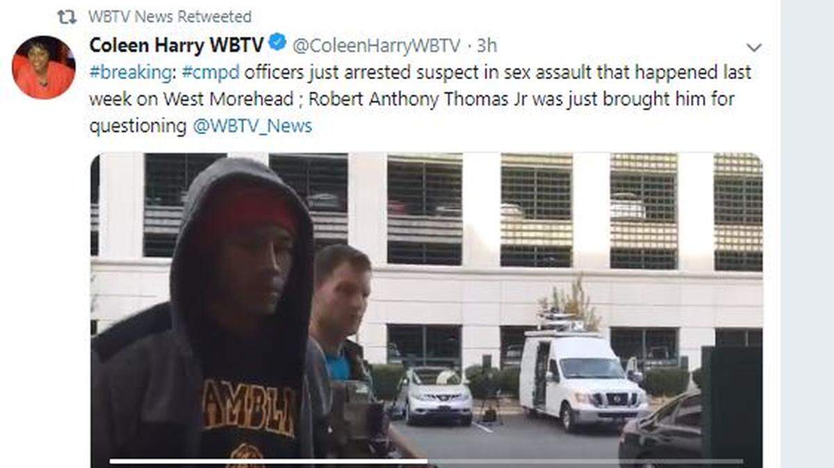 Police on Wednesday arrested a homeless man in the rape of a woman who was walking near uptown Charlotte when she was attacked Nov. 1. The suspect, 19-year-old Robert Anthony Thomas Jr., is shown being taken by a Charlotte-Mecklenburg police officer to CMPD headquarters Wednesday afternoon.