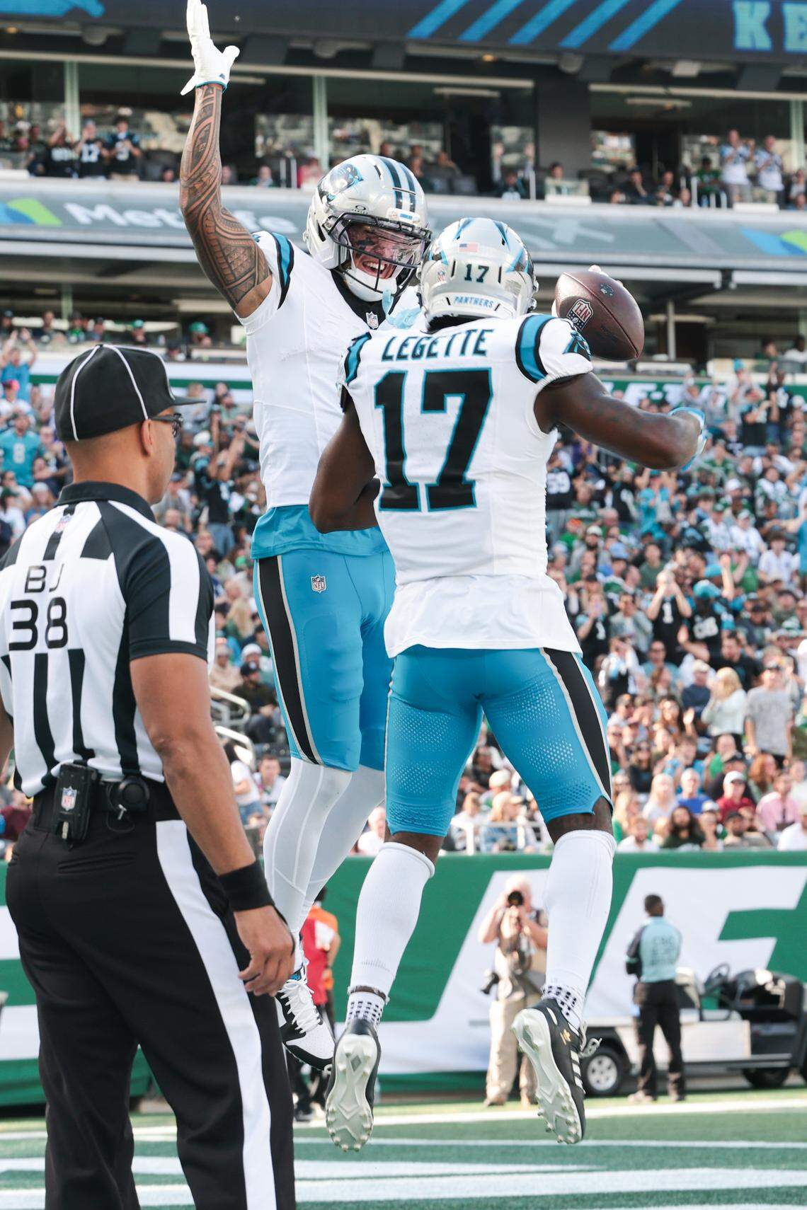 Carolina Panthers wide receiver Tetairoa McMillan (4) and wide receiver Xavier Legette (17) celebrate a touchdown in Sunday’s second quarter against the New York Jets at MetLife Stadium.