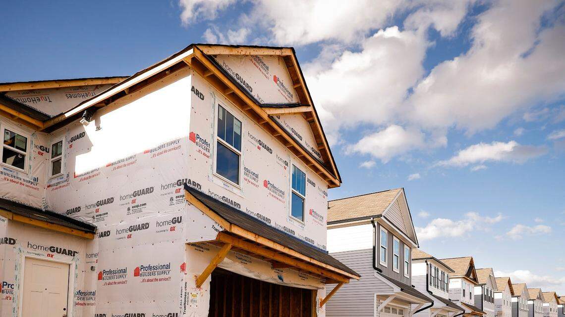 Single-family homes under construction in the Villages at Mallard Creek subdivision in Charlotte, N.C., Friday, Nov. 4, 2022.