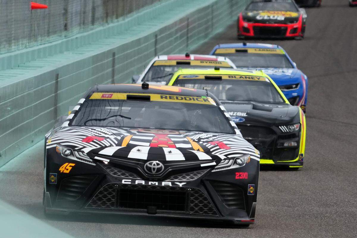 Oct 22, 2023; Homestead, Florida, USA; NASCAR Cup Series driver Tyler Reddick (45) races during the 4EVER 400 presented by Mobil 1 at Homestead-Miami Speedway. Mandatory Credit: Jasen Vinlove-USA TODAY Sports