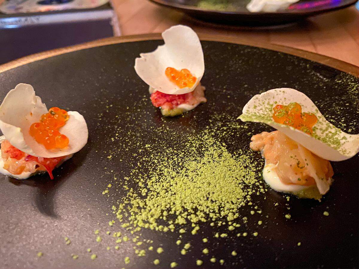 Sweet Miso Cured Lobster, Trout Roe, Wasabi, Mirin/Petrified Lime Aioli, Pickled Ginger, Matcha at a recent Anomaly pop-up dinner. 