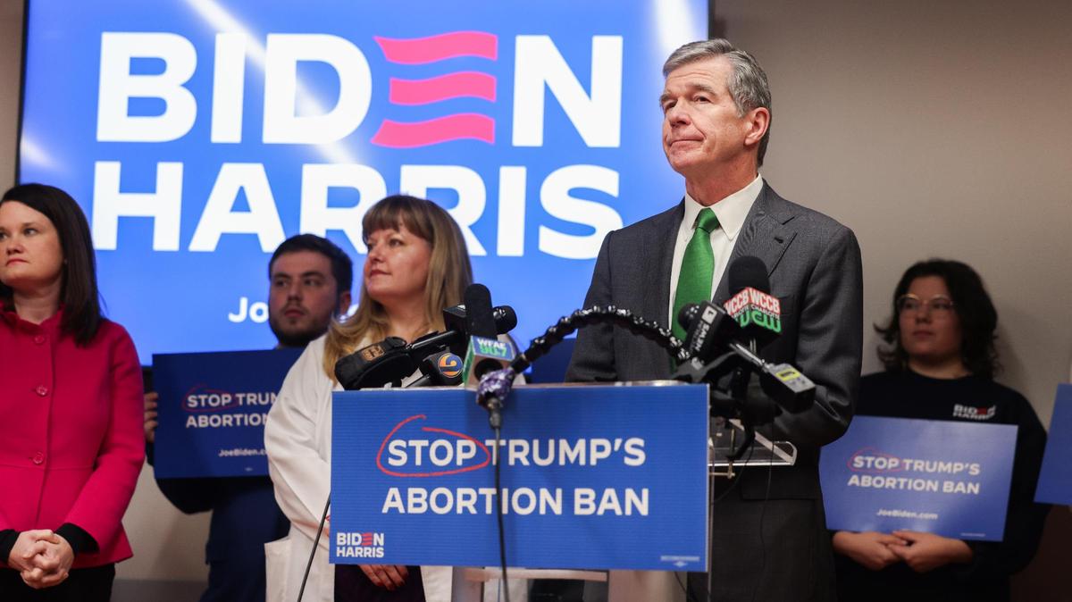 Gov. Roy Cooper speaks during a press conference to mark the 51th anniversary of the Roe v. Wade ruling at Harvey B. Gantt Center for African-American Arts + Culture in Charlotte, N.C., on Monday, January 22, 2024.