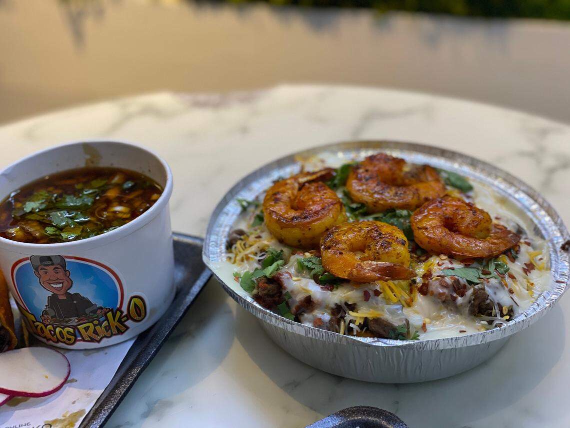 Taco Rick-O’s Texano bowl is packed with Mexi-rice, grilled chicken, chorizo, grilled shrimp, queso fundido sauce, five cheese blend and cilantro for $12.