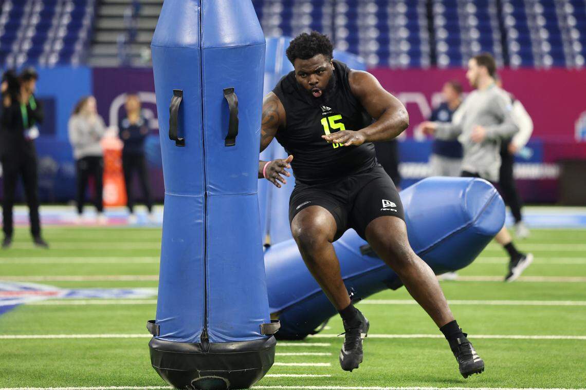 Texas Tech defensive lineman Lee Hunter participates in a drill during the 2026 NFL Scouting Combine in Indianapolis.