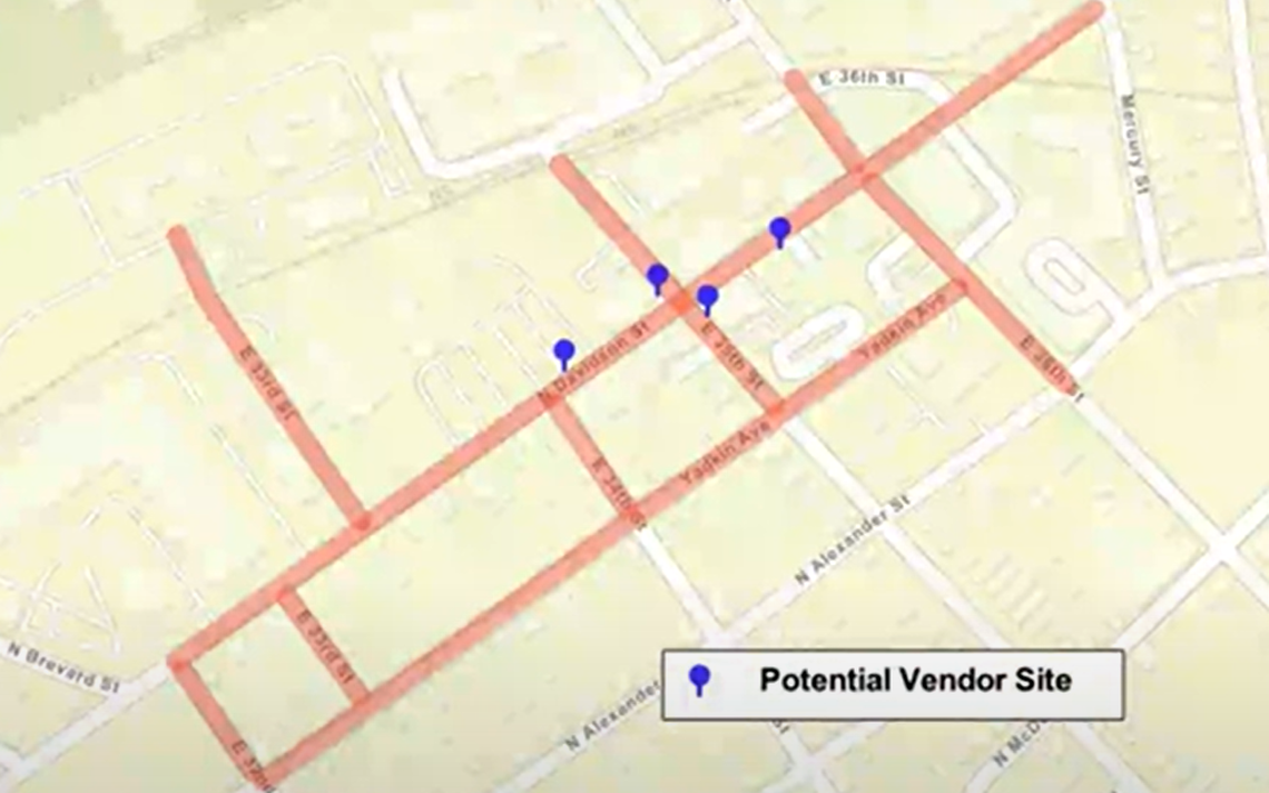 The map of potential locations for the new “NoDa Street Market” presented to the Charlotte City Council ahead of their vote on new restrictions on street vending.