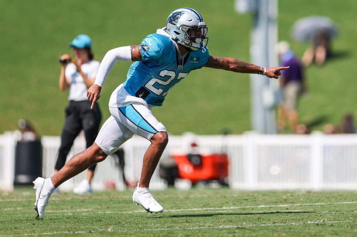 Panthers safety Kenny Robinson runs through a drill during practice at Training Camp on Tuesday, August 2, 2022 in Spartanburg, SC.