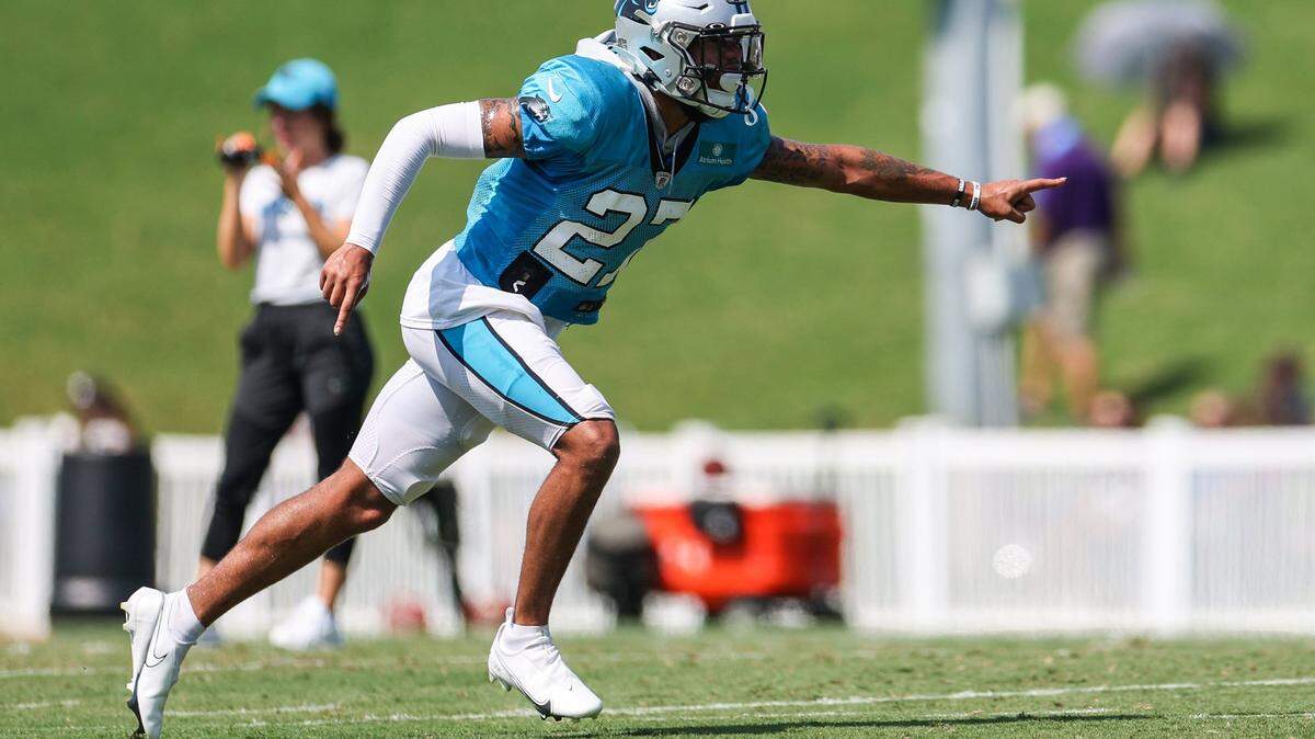 Panthers safety Kenny Robinson runs through a drill during practice at Training Camp on Tuesday, August 2, 2022 in Spartanburg, SC.