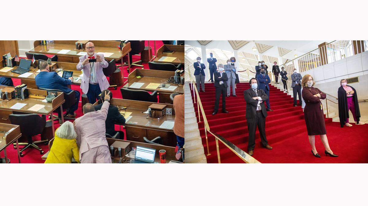 In the photo at left, a group of Republican legislators pose for a photo after voting to pass its $1.7 billion COVID-19 response bill, called the Pandemic. In the photo at right, a group of Democratic legislators pose a photo after the same vote.