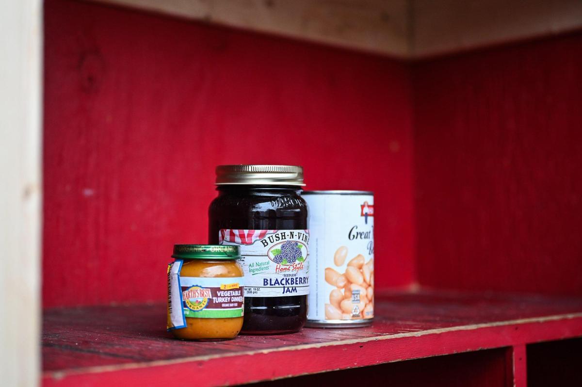 Non-perishable foods sit on a shelf Jan. 23 next to the Freedom Fridge at QC Family Tree on Parkway Avenue in Charlotte. Freedom Fridge is a form of mutual aid in the community to combat issues of hunger and food deserts.