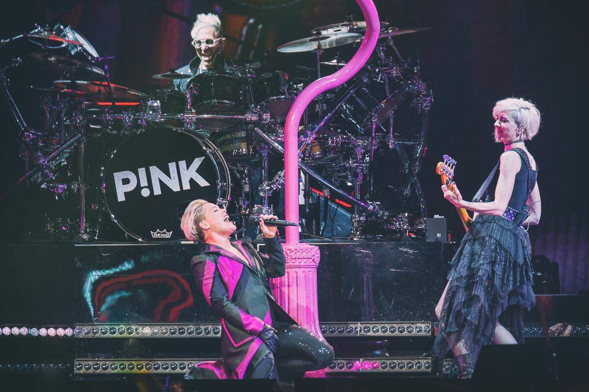 Even when she was standing or kneeling on stage instead of in the air, P!nk’s voice soared. She sang more than two dozen songs Saturday night at a sold-out Spectrum Center.