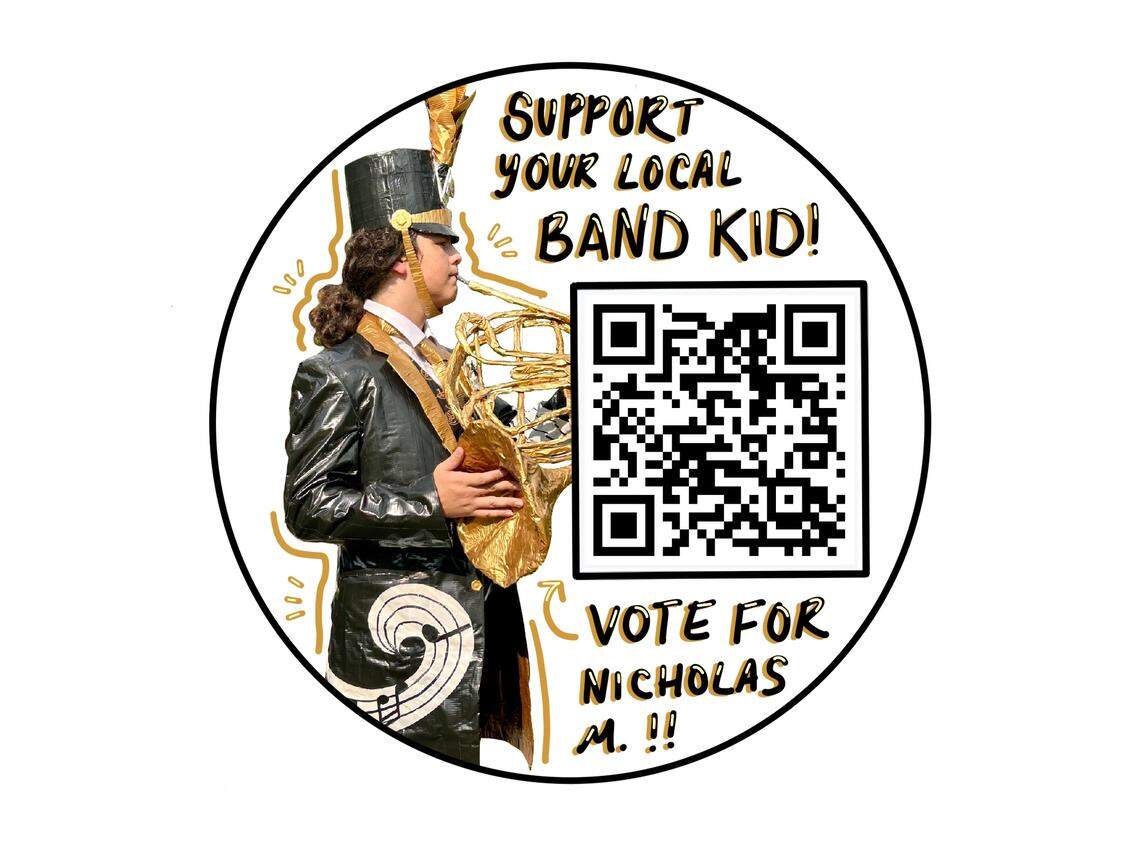 Nicholas Moore made buttons that display a photo of him in his duct tape outfit and the QR code to vote for him in the national Stuck at the Prom competition.