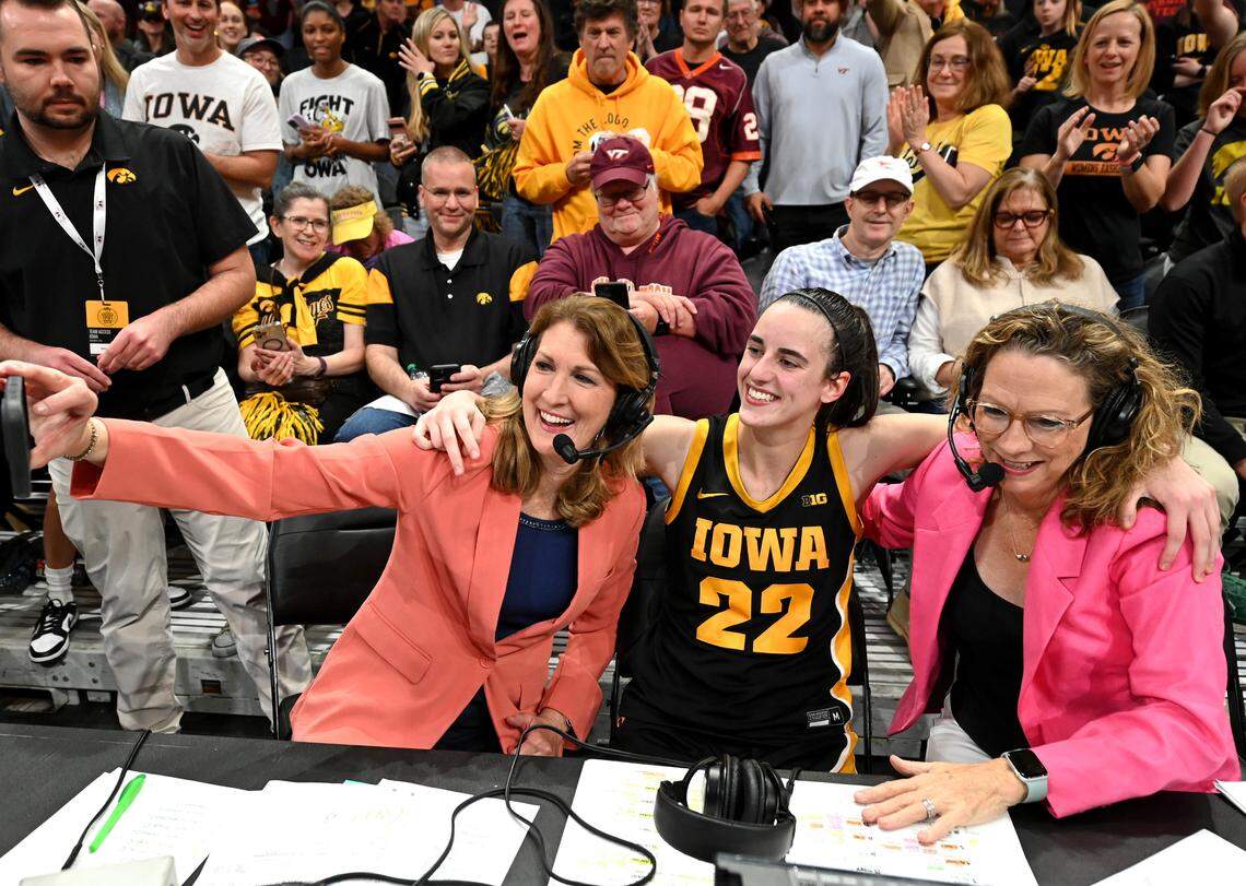 ESPN analyst Debbie Antonelli, left, Iowa’s Caitlin Clark and ESPN play-by-play announcer Beth Mowins, right, joke around following Iowa’s victory over Virginia Tech 80-76 in the Ally Tipoff on Thursday, November 9, 2023 at Spectrum Center in Charlotte, NC.