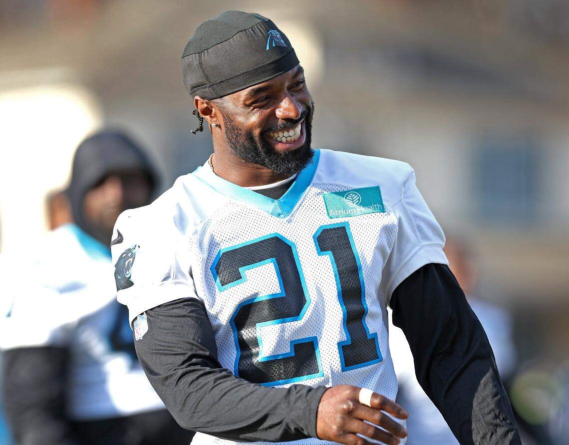 Carolina Panthers safety Nick Scott jokes with a teammate during practice on Jan. 6, 2026 in Charlotte, North Carolina. 