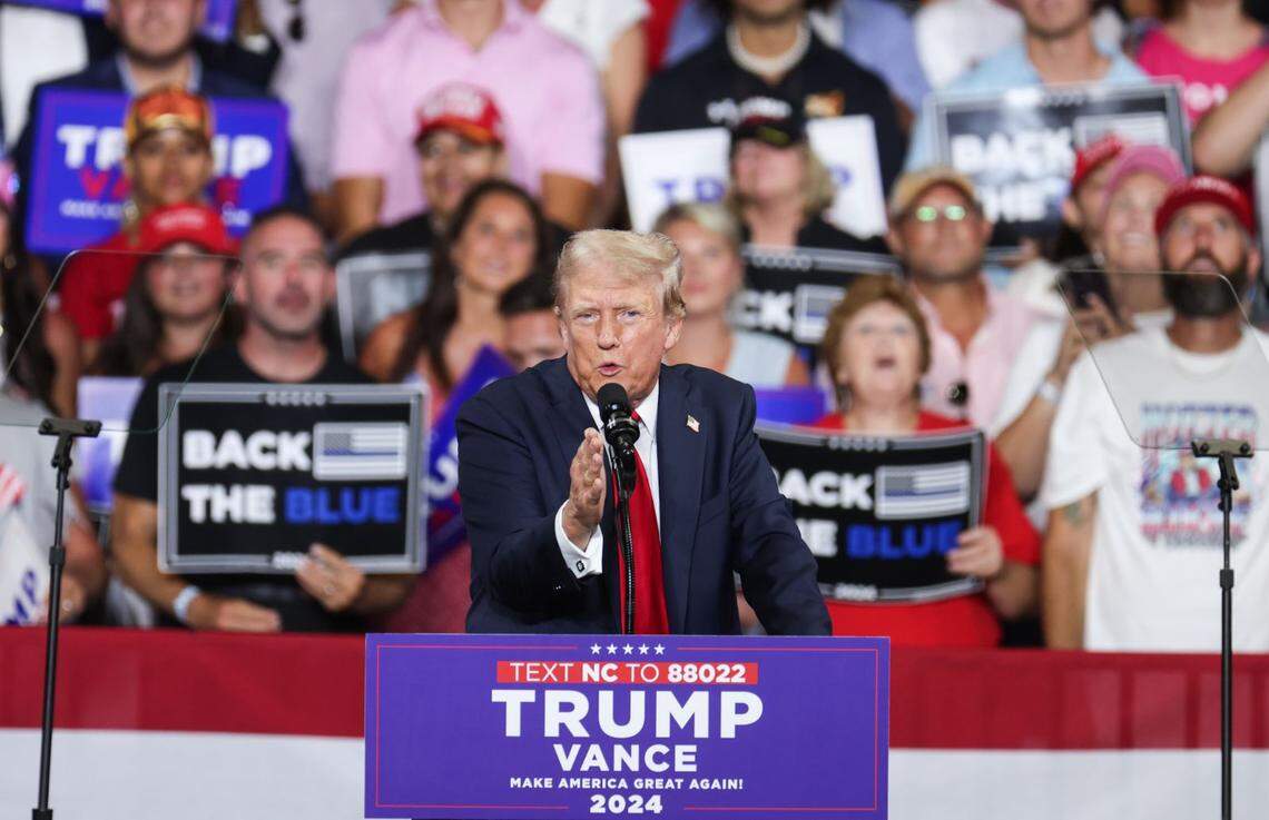Former President Donald Trump speaks to a crowd inside the Bojangles Coliseum in Charlotte on Wednesday, July 24, 2024.
