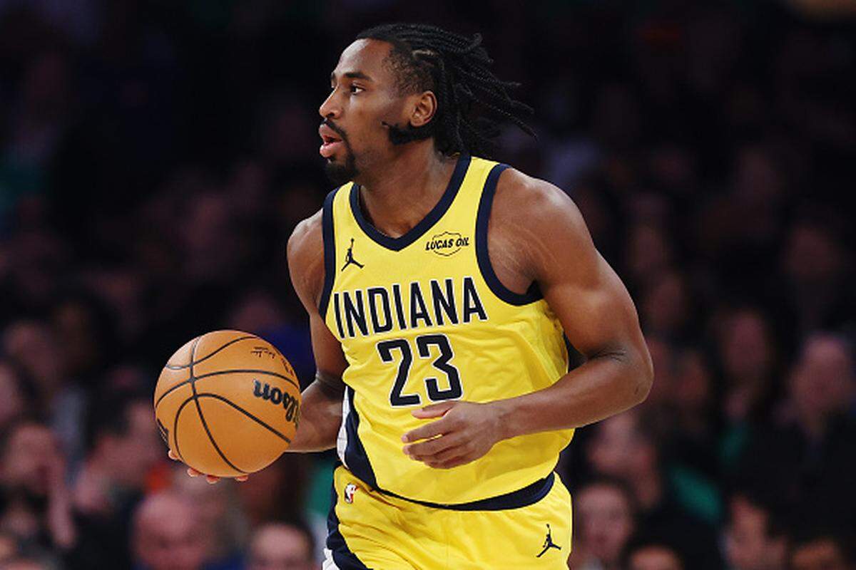 Aaron Nesmith of the Indiana Pacers in action during the game against the New York Knicks.