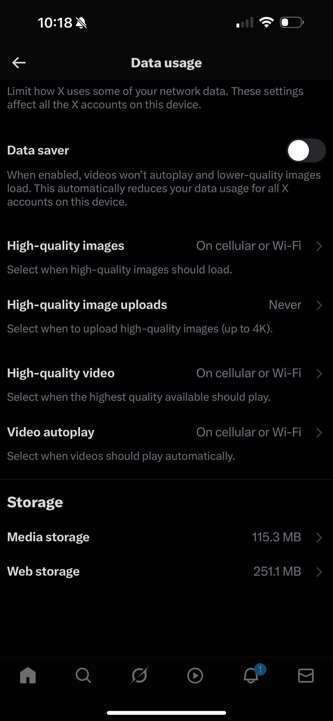 This screenshot shows the “Data usage” menu on the X app.