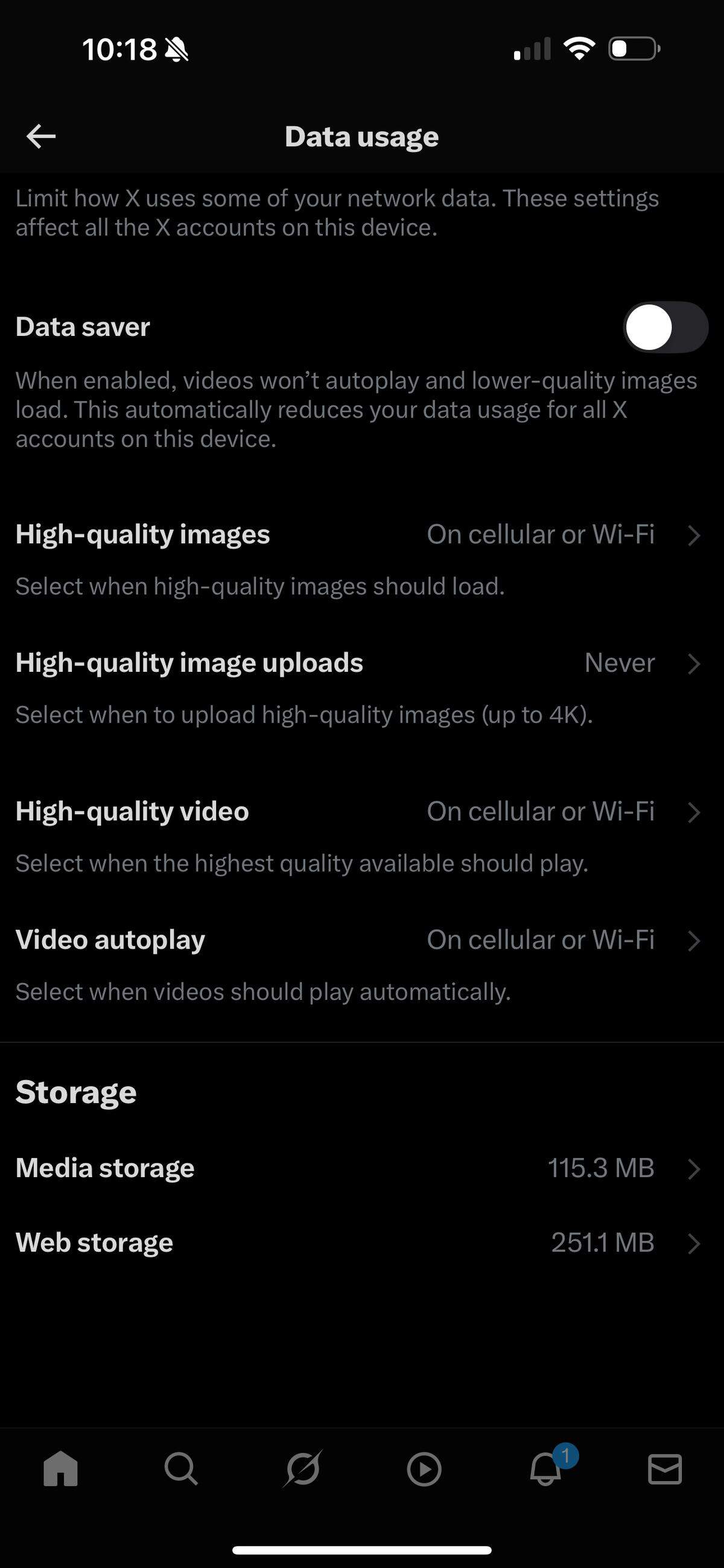 This screenshot shows the “Data usage” menu on the X app.