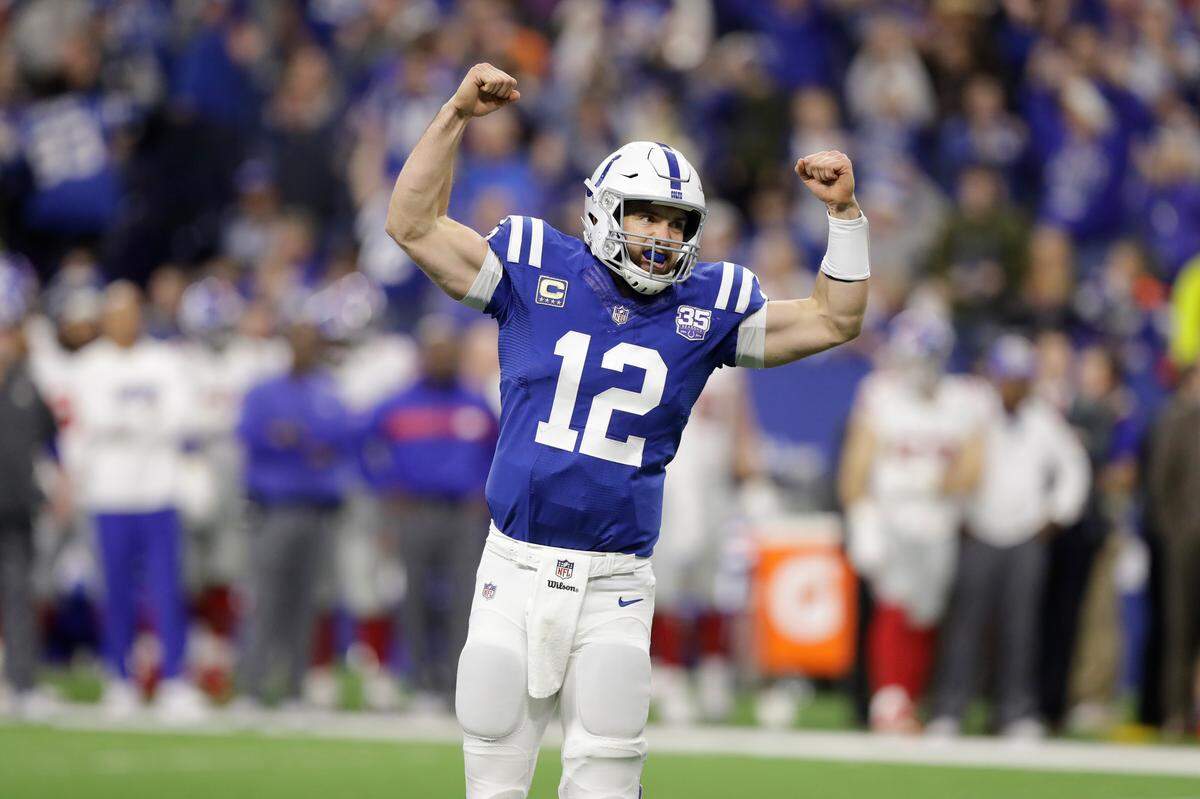 Indianapolis Colts quarterback Andrew Luck (12) celebrates a game-winning touchdown during the second half of an NFL football game against the New York Giants in Indianapolis, Sunday, Dec. 23, 2018. The Colts defeated the Giants 28-27. (AP Photo/Darron Cummings)