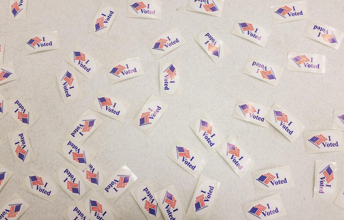 Voting stickers await for voters inside precinct 11 at Greater Mount Moriah Baptist Church on election day in Charlotte, NC on Tuesday, November 5, 2024.