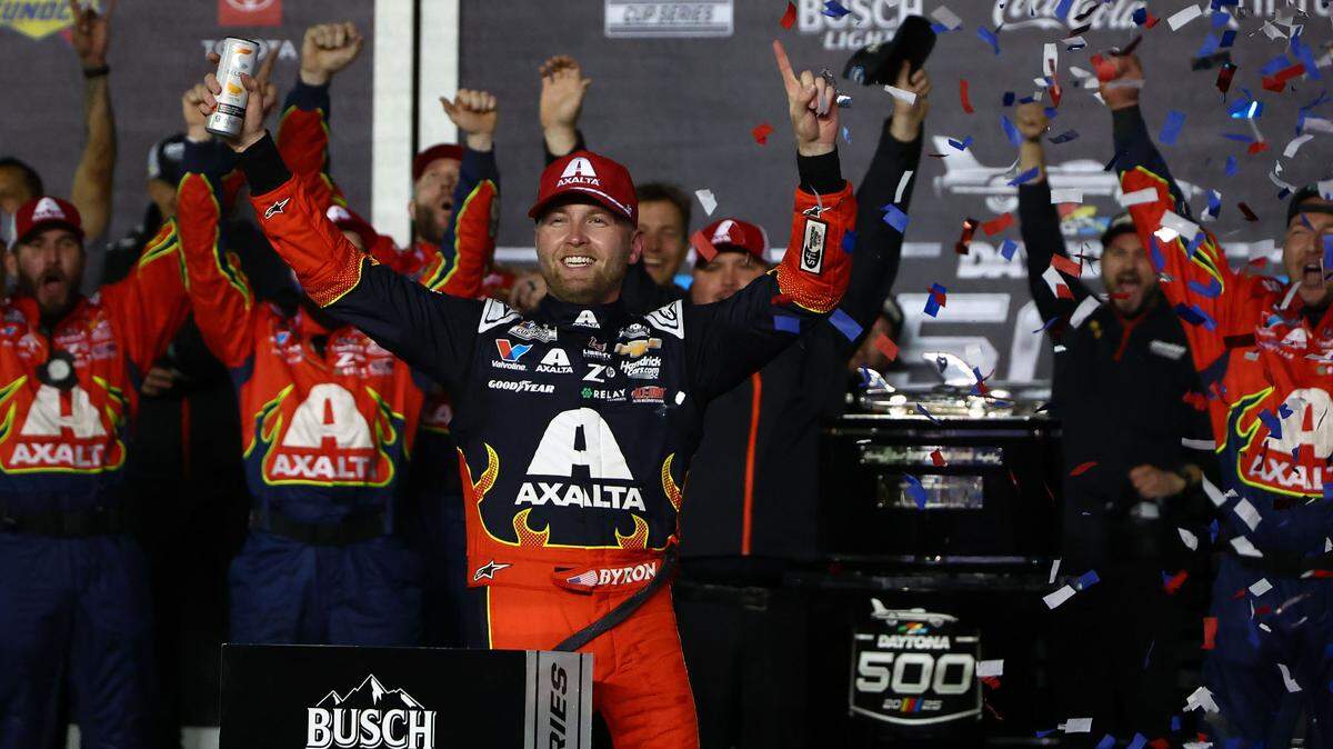 NASCAR Cup Series driver William Byron (24) reacts in victory lane after winning the Daytona 500 at Daytona International Speedway. Peter Casey-Imagn Images