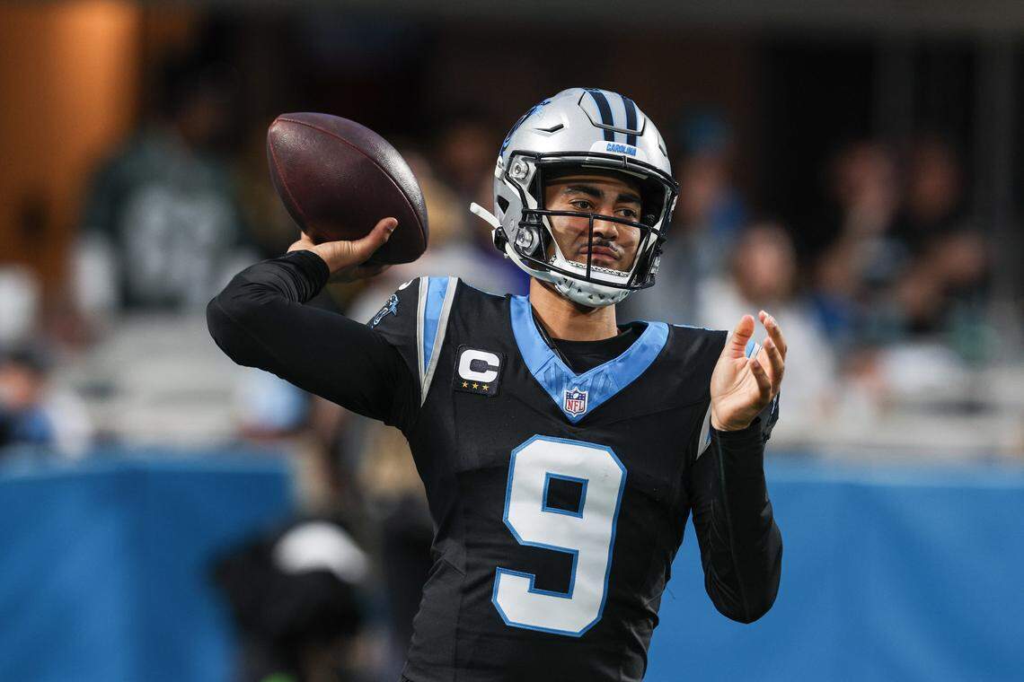 Panthers quarterback Bryce Young cocks his arm for a throw during their wild-card playoff game against the Rams at Bank of America Stadium in Charlotte on Saturday, January 10, 2026.