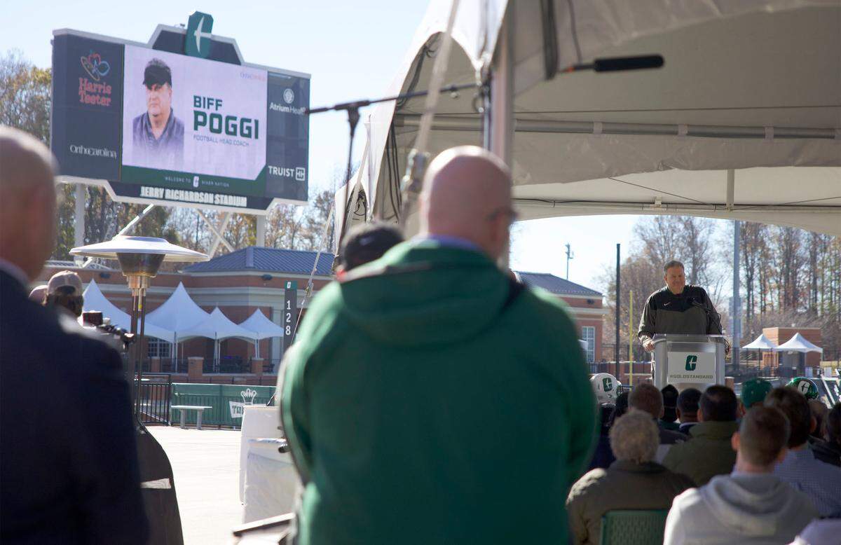 New Charlotte 49ers football HC Biff Poggi speaks during the introduction at Richardson Stadium in Charlotte, Nov. 21, 2022