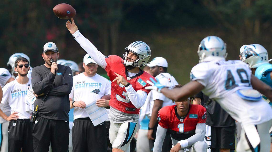 Carolina Panthers quarterback Will Grier passes to a receiver during training camp 2019 at Wofford College in Spartanburg, SC.