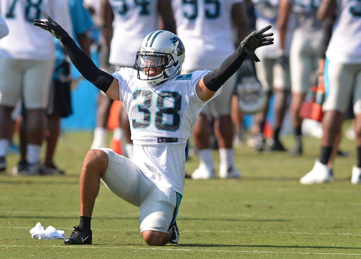 Carolina Panthers cornerback Javien Elliott celebrates disrupting a pass during practice at Wofford College in Spartanburg, SC in 2019.