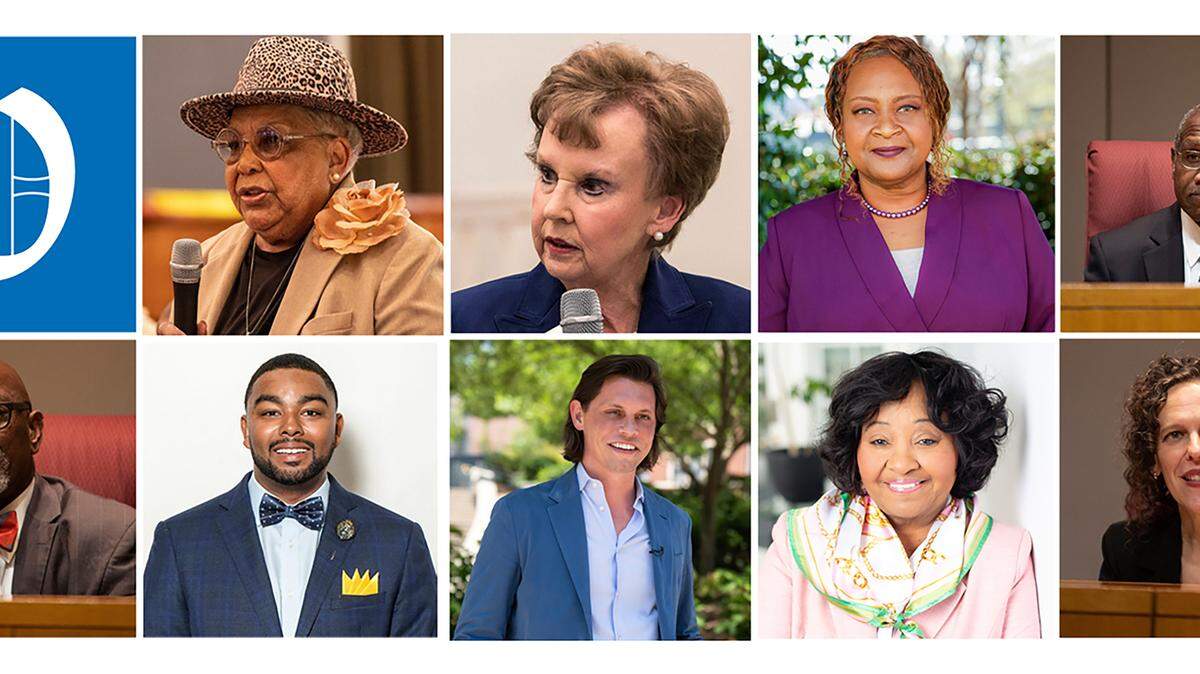 Top row from left, Vilma Leake, Pat Cotham, Yvette Ingram, Arthur Griffin, George Dunlap, Charles Obborne, Blake Van Leer, Felicia Thompkins and Leigh Altman are running for seats on the Mecklenburg County Board of Commissioners in 2024.