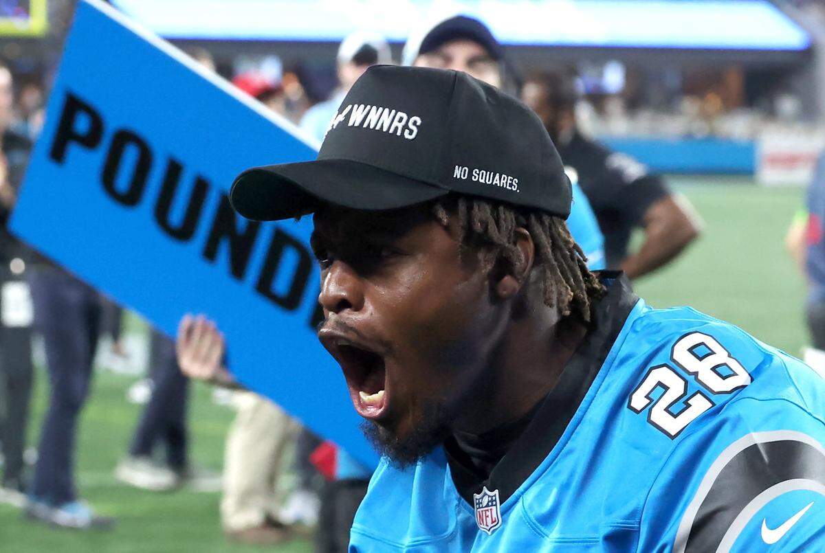 Former Carolina Panthers running back Jonathan Stewart yells after hitting the Keep Pounding drum during a break in the team’s game against the New Orleans Saints at Bank of America Stadium on Monday, September 18, 2023. The Saints defeated the Panthers 20-17.