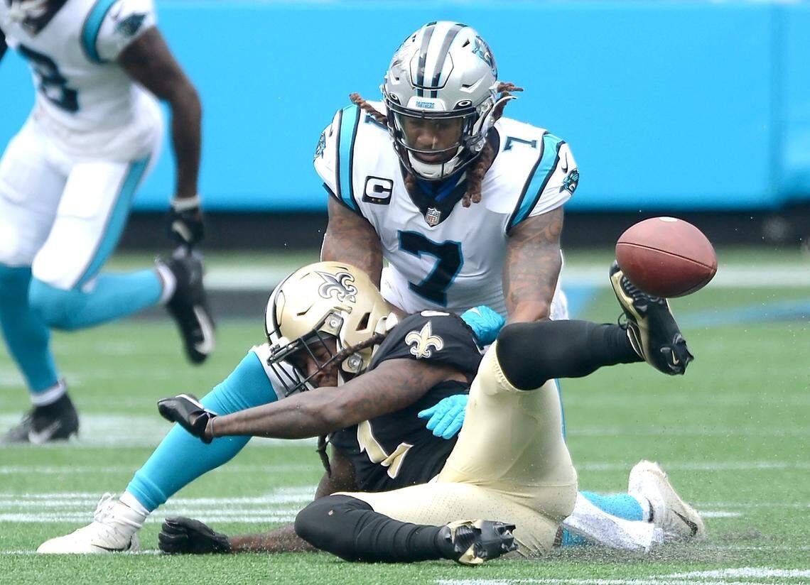 Carolina Panthers linebacker Shaq Thompson forces New Orleans Saints wide receiver Marquez Callaway to drop a possible reception during second quarter action at Bank of America Stadium in Charlotte, NC on Sunday, September 18, 2021.
