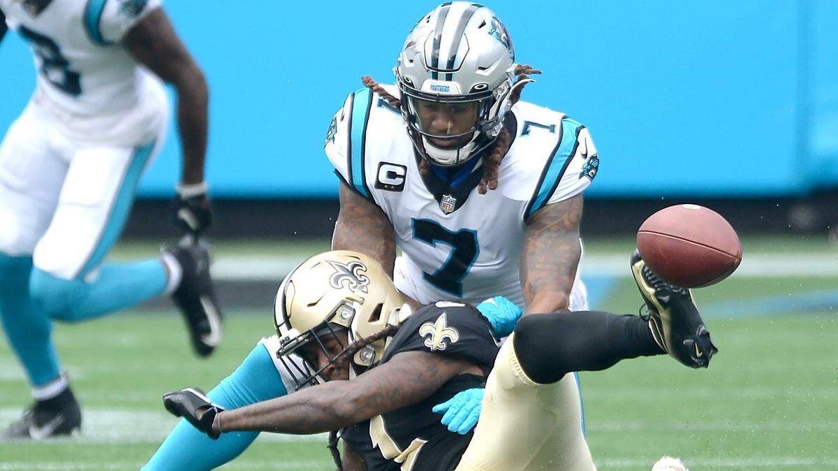 Carolina Panthers linebacker Shaq Thompson forces New Orleans Saints wide receiver Marquez Callaway to drop a possible reception during second quarter action at Bank of America Stadium in Charlotte, NC on Sunday, September 18, 2021.