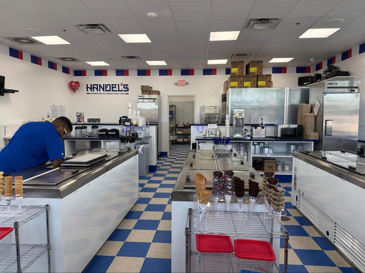 The very retro look inside the window Handel’s Homemade Ice Cream.
