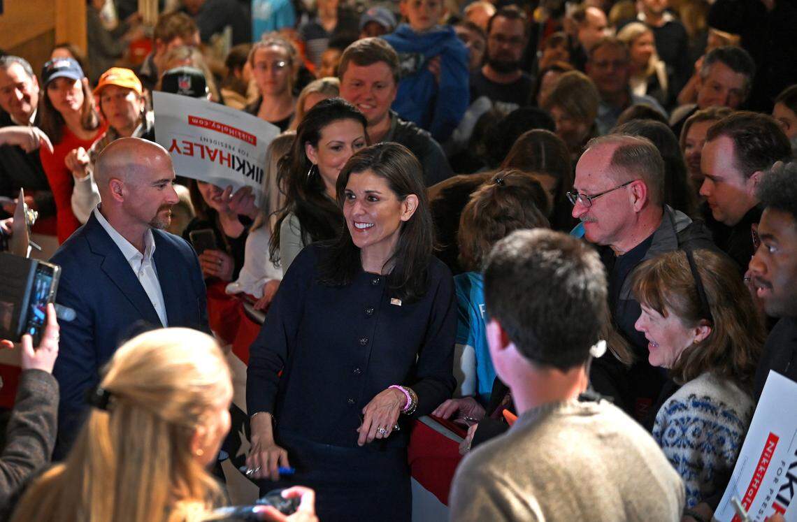 Nikki Haley works the line of supporters following her speech during a rally at Norfolk Hall at Suffolk Punch in SouthEnd on Friday, March 1, 2024 in Charlotte, NC.
