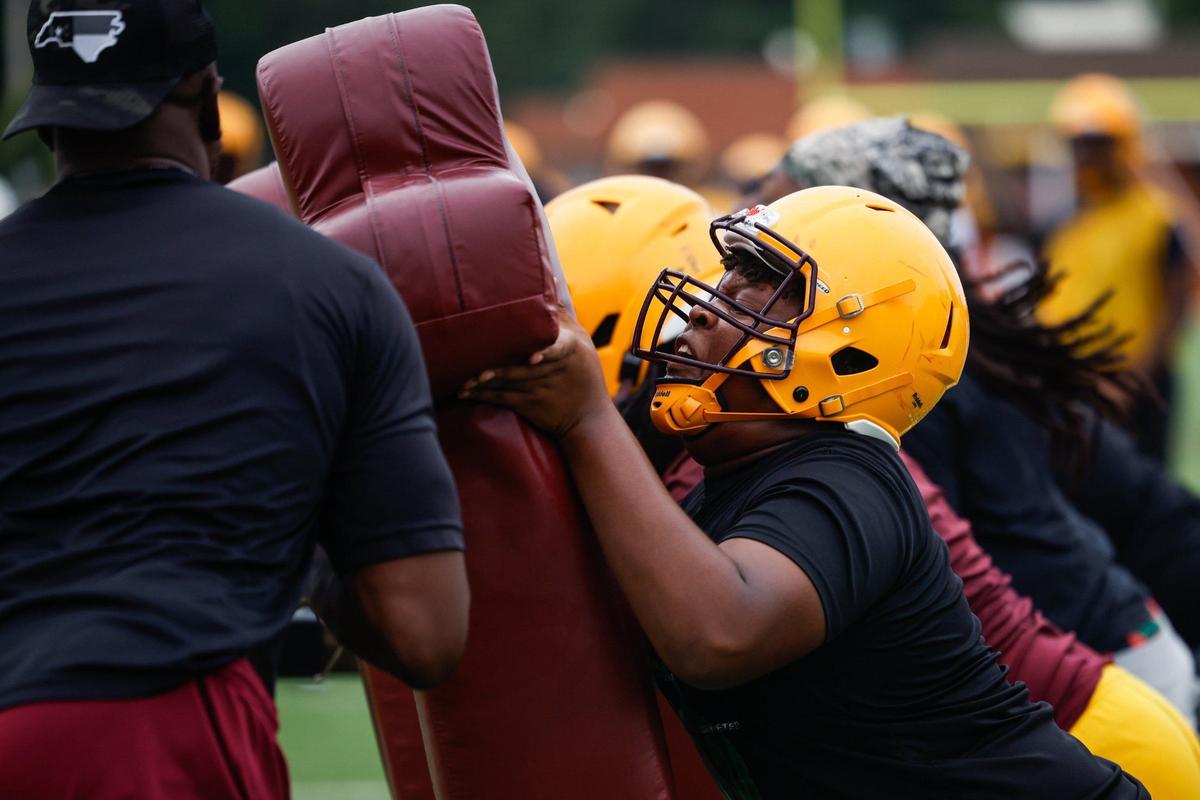 Players with West Charlotte’s football team, who are expected to be an NCHSAA state championship contender this season, begin practice in Charlotte, NC on Tuesday, July 30, 2024.