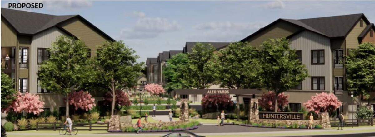 Alex Yards would be at the “southern gateway to Huntersville” and include a monumental sign welcoming people to the town, its developer told the Huntersville Board of Commissioners at a public hearing Tuesday night, May 6, 2025.