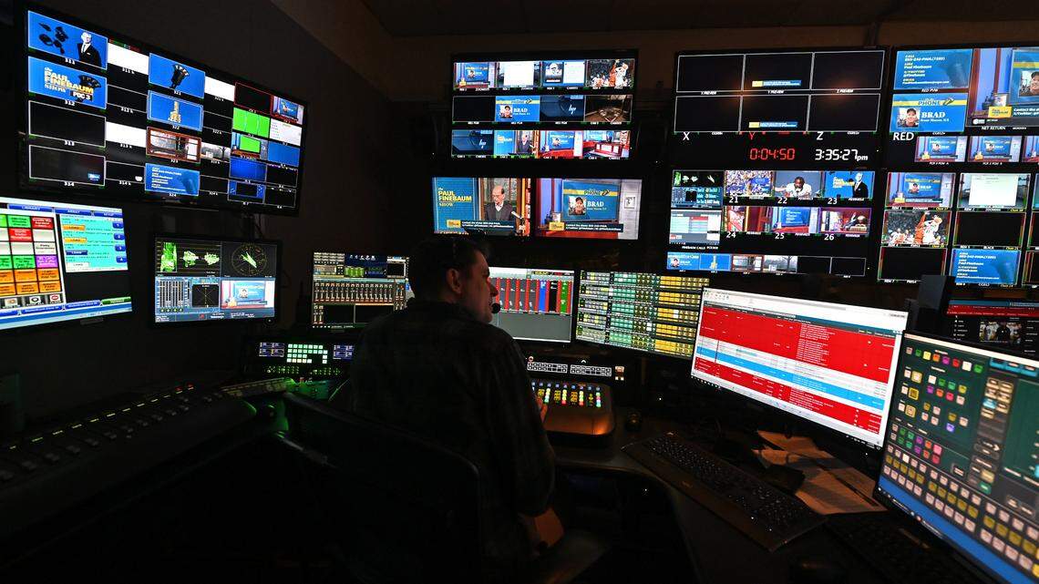 Paul Finebaum’s ESPN SEC Network show is one of the many programs displayed on monitors in the company’s control room in Charlotte. WFNZ is the new home of ESPN Radio, growing their local presence.